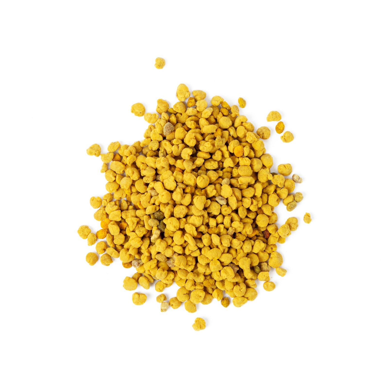 Heap of bee pollen isolated on white background. Top view